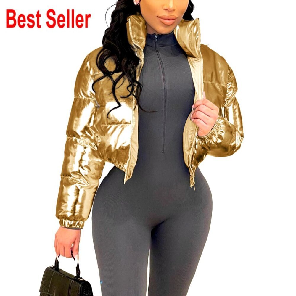 Cropped Quilted Puffer Jacket Metallic Shiny Zip Up Down Coat